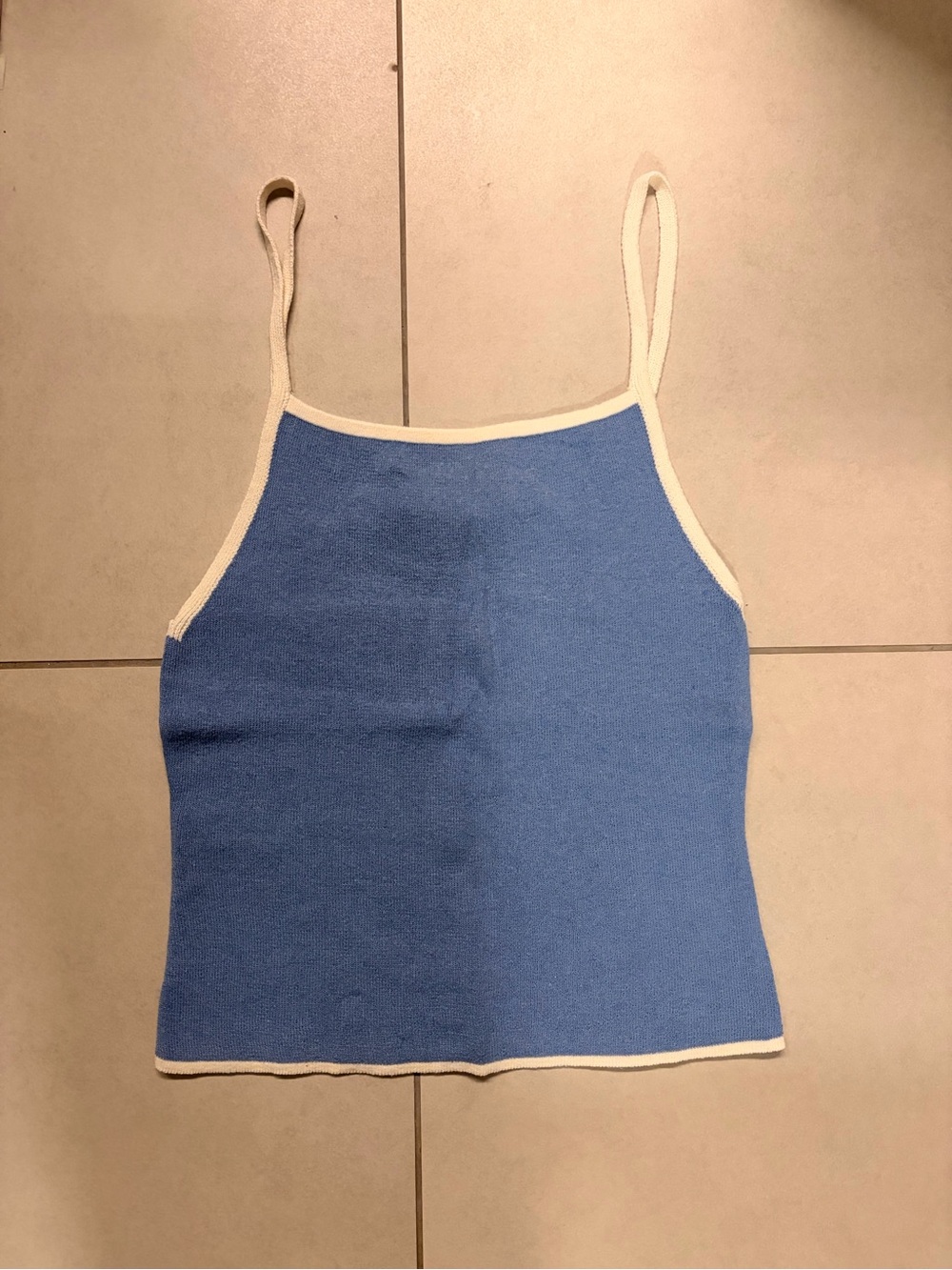 Mango Blue Knit Spaghetti-Strap Tank with Cream Trim